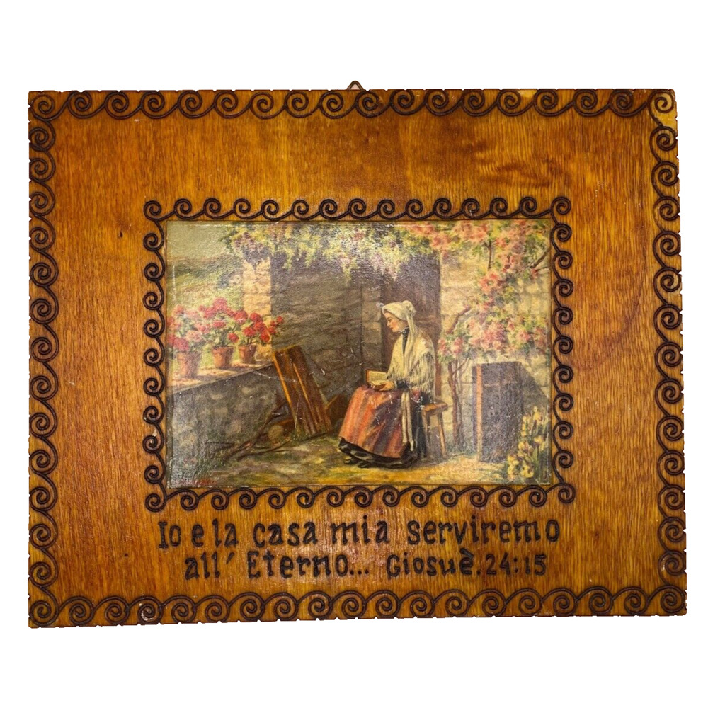 Vintage Italian Wooden Plaque Image "I and my house will serve the Lord.." DATED